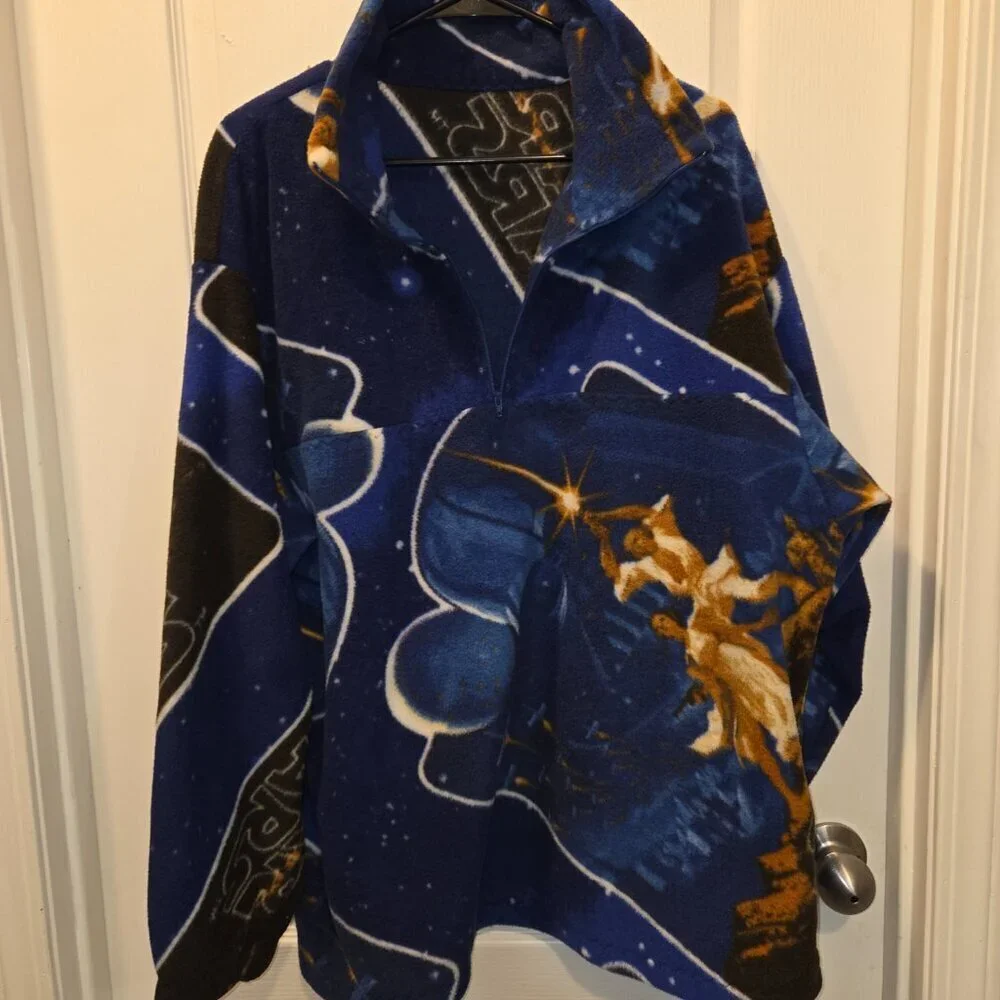 VINTAGE 80s Custom Star Wars Fleece Half-Zip Pullover Space Galaxy Print XL/2XL